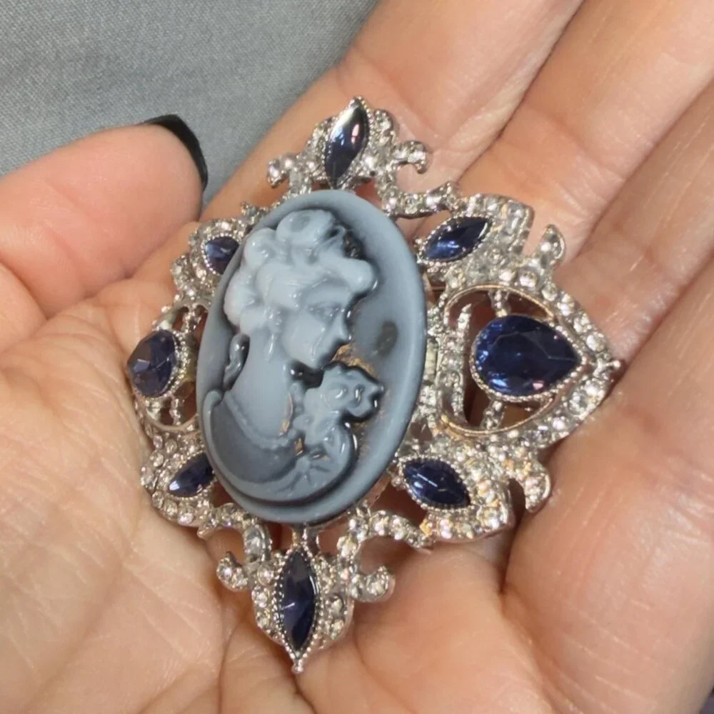Cameo Brooch Blue Rhinestone Silver Tone Vintage Style Statement Pin 2”